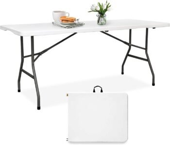 Folding Table  6FT Foldable Table Portable Banquet Surface Fold-in-Half Desk Utility for Working Meeting Parties, Picnic, Camping, Weddings, Catering, Garden Dining-White