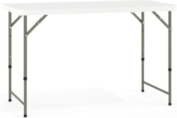4' Rectangular Plastic Folding Event Table with Adjustable Legs and Carrying Handle, Bi-Fold Portable Banquet Table for Indoor/Outdoor Events, White