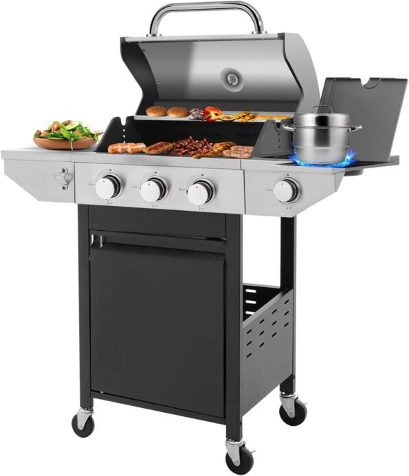 Large  Grill  with 3-Burners and Side Burner, Outdoor Gas Grill with Porcelain-Enameled Cast Iron Grates, Stainless Steel Camping Barbecue Griddle for Patio, Party,