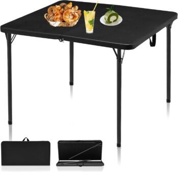 34" Folding Table, Portable Square Folding Card Table with Collapsible Legs & Carrying Handle, Plastic Tables for Camping,Picnic, Office, Party, Black