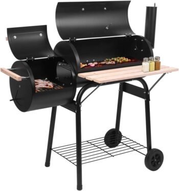 Charcoal Grill, Outdoor Patio Barbecue Cooker with Offset Smoker, Wheels and Tray for Balcony Picnics, Party and Camping