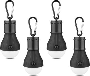 LED Camping Tent Lantern, Portable Outdoor Waterproof Emergency Light Bulb, Battery Powered with Clip Hook, Super Bright, for Hiking, Party，Camping, Fishing, Power Failure (4 Packs, Black )