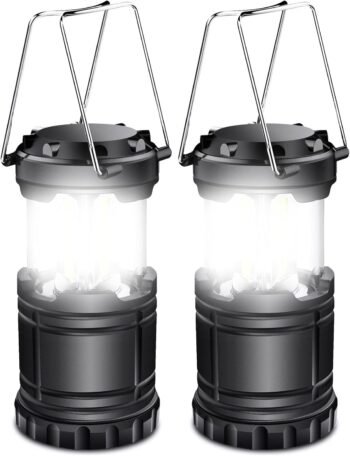 2 Pack LED Battery Operated Lights, Portable Survival Battery Powered Lamp, Waterproof Camping Lantern, Suitable for Hurricane, Emergency, Storm, Outages, Outdoor Collapsible Lanterns, Black