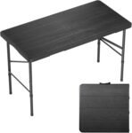 4 Ft Plastic Folding Table,Heavy Duty Portable Table for Indoor & Outdoor,Wood Grain Desktop & 350lbs Weight Capacity,Premium Solutions for Camping,Picnic,BBQ and Party
