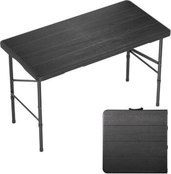 4 Ft Plastic Folding Table,Heavy Duty Portable Table for Indoor & Outdoor,Wood Grain Desktop & 350lbs Weight Capacity,Premium Solutions for Camping,Picnic,BBQ and Party