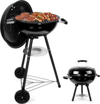 18 Inch Kettle Charcoal Grill,  Outdoor Barbecue Grill for Camping/Backyard/Tabletop Cooking, Portable Round Smoker with Wheels, Porcelain-Enameled Lid & Fire Bowl, Dual Venting System, Black