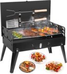 Portable Charcoal Grill, Small BBQ Grill Outdoor Folding Barbecue Grill, Foldable Camping Grill with Barbecue Accessories & Lid for Outdoor Cooking Camp Picnic Hiking Beach Patio Smokers