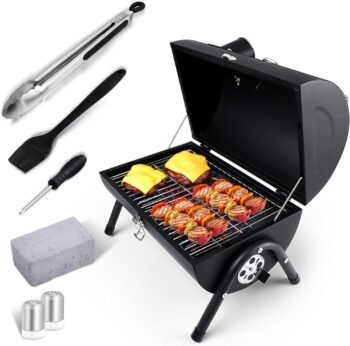 Portable Charcoal Grill Set, Small Tabletop Barbecue Grill with Accessories Tools for Outdoor Camping BBQ Grilling Backyard Party Cooking, Heavy Duty & Innovative Design, Thermometer & Chimney