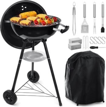 18 Inch Charcoal Grill, 2-In-1 Kettle Outdoor Barbecue Grill, Portable Black BBQ Grill for Camping/Backyard/Patio/Picnic, Porcelain-Enameled Lid & Fire Bowl, 254.SQ.IN Cooking Area, 15Pcs