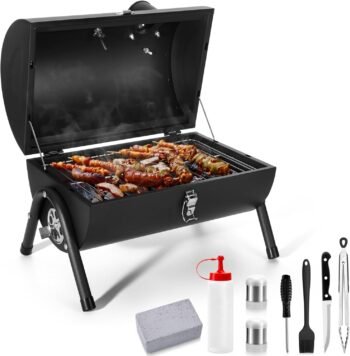 Portable Charcoal Grill Set of 8,  Outdoor Small Tabletop BBQ Charcoal Grill with Barbecue Tongs, Kinfe, Grill Brick, Compact Mini Camping Grill for Outdoor RV Picnic, Patio, Backyard, Beach