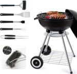 22 Inch Portable Charcoal Grill with Accesories 5 Pieces Grilling sil for Outdoor Cooking Barbecue Camping BBQ Kettle Grill - Heavy Duty Round with Thickened Bowl Wheels for Small Patio Backyard