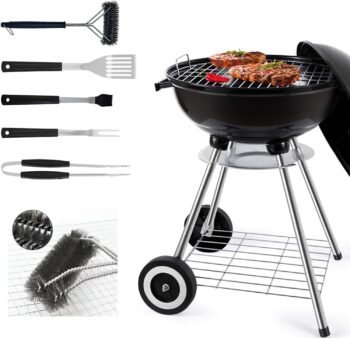 22 Inch Portable Charcoal Grill with Accesories 5 Pieces Grilling sil for Outdoor Cooking Barbecue Camping BBQ Kettle Grill - Heavy Duty Round with Thickened Bowl Wheels for Small Patio Backyard